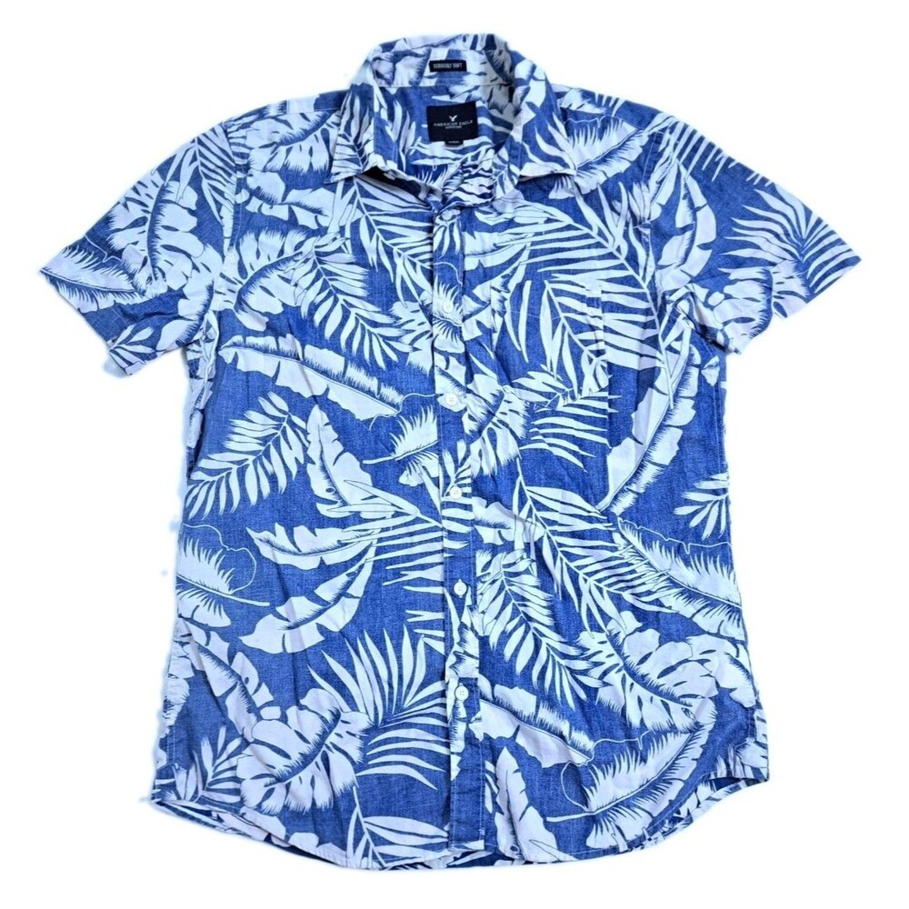American Eagle Hawaiian Shirt Men's Medium Tropical Island Blue Floral Tiki